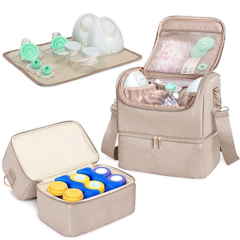 Fasrom Breast Pump Bag with Cooler Compartment Compatible with Momcozy, Medela and Willow Hands Free Pump, Pumping Tote with Waterproof Mat, Camel - Image 1